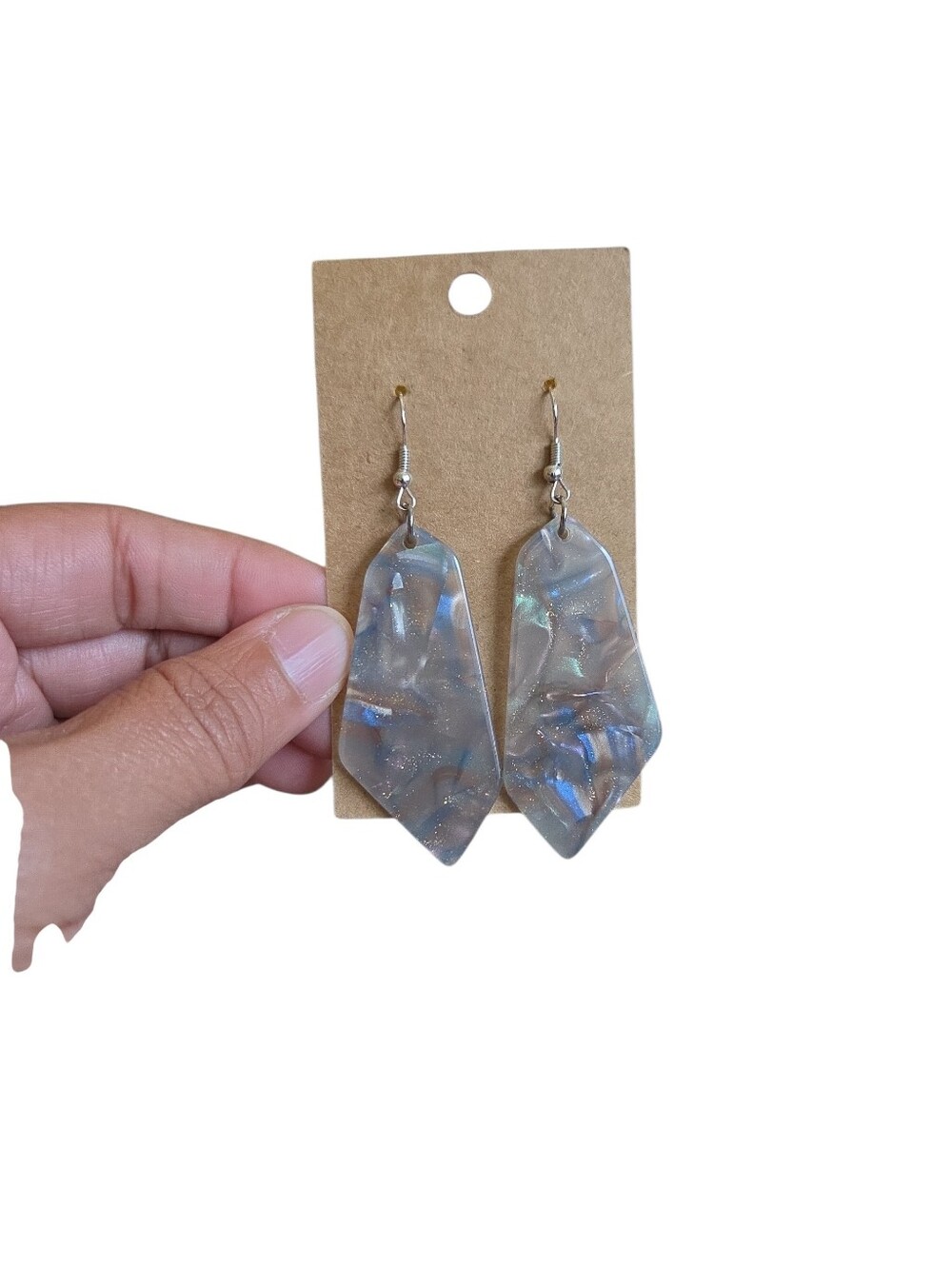 Silver Toned Blue Gold Gray Green Sparkle Iridescent Resin Drop Earrings 3"